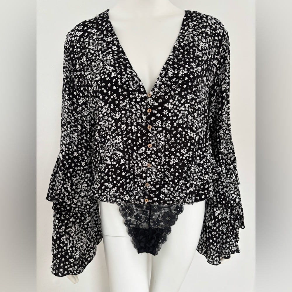 Free People Black Floral Button-Down Top